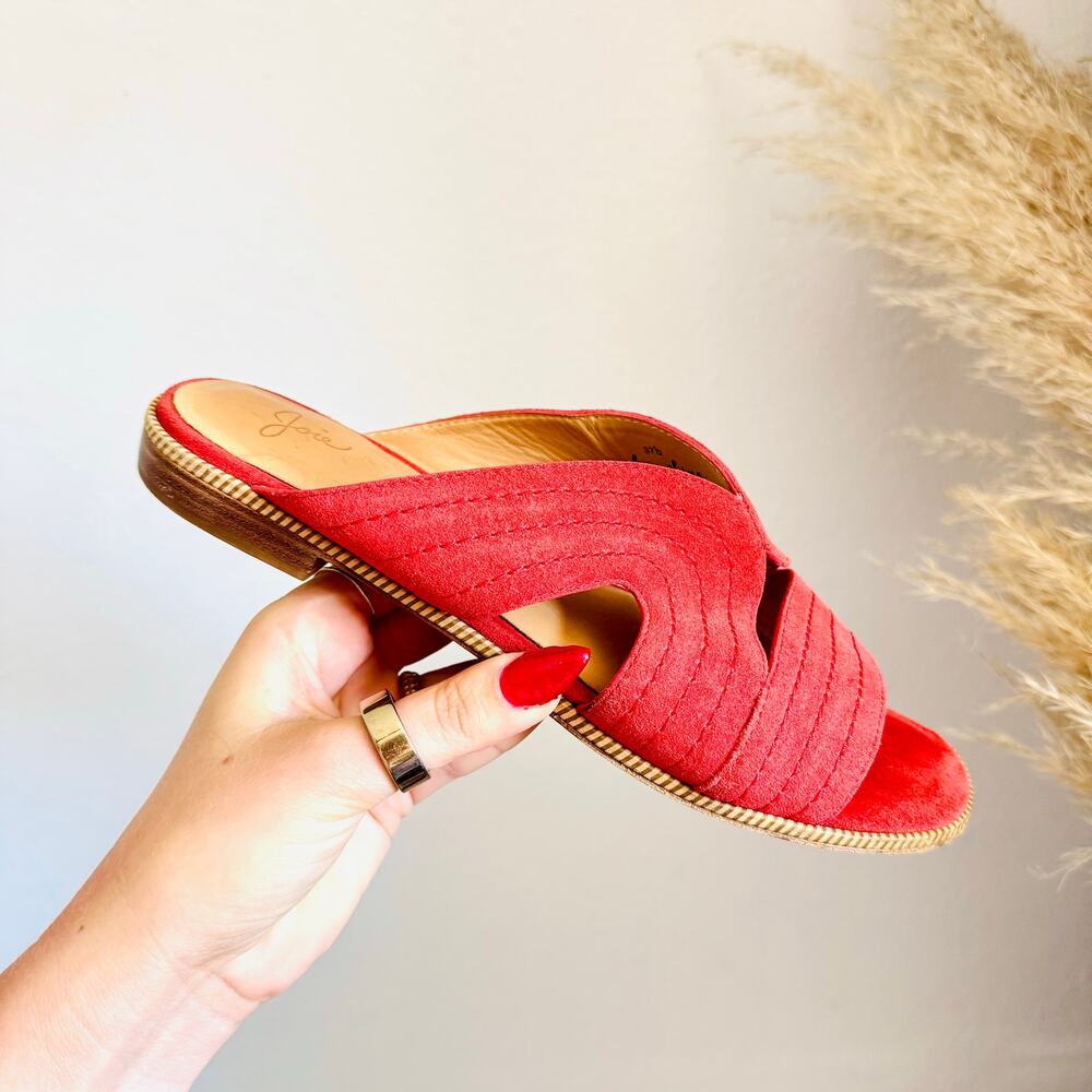 ANTHROPOLOGIE JOIE Red Beige Paetyn Sandal Suede $278 Slip On Slides Flats 37.5